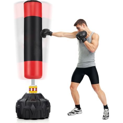 Saco de boxeo de pie de 178 x 50,5 cm para entrenamiento silencioso y amortiguación fabricado en piel sintética negra y roja 200013389