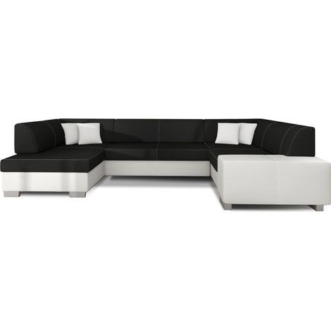 Canapé panoramique convertible HOUSTON en bi-matière avec coffre de rangement à gauche-Blanc/Noir-Coffre à gauche (1/5)