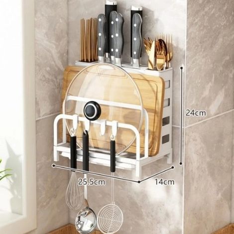 Étagère de cuisine murale polyvalente pour couteaux, 25.5x14x24cm, ustensiles et planches à découper - Blanc (à suspendre/sur le plan de travail)
