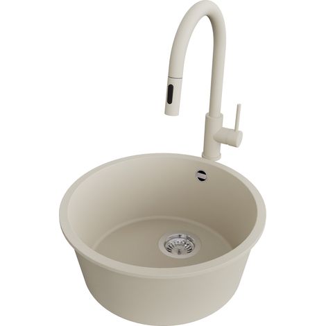 PRIMAGRAN Evier cuisine Granit Rond 46x46cm,Evier 1 bac + Robinet 40x20cm + Kit de Vidage, Lavabo Cuisine au meuble 50cm - La Valette Slim, Beige (1/5)
