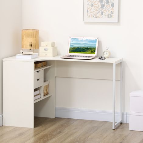Eckschreibtisch, Computertisch mit 2 Schubladen und 3 offenen Fächern, 120 x 60 x 74 cm, weiß