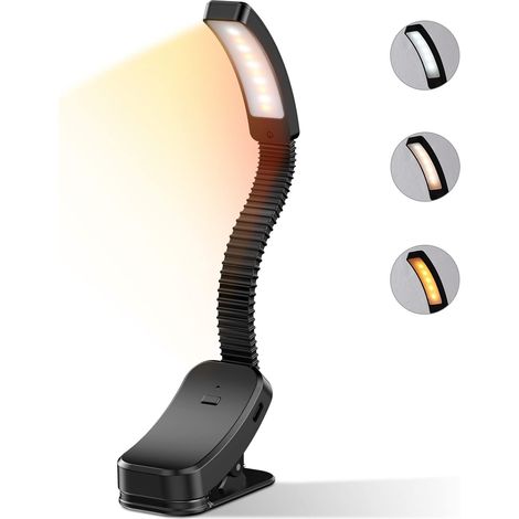 Lampe de lecture, lampe de lecture à 10 LED avec 3 couleurs de lumière, batterie rechargeable USB-C 1000 mAh, lampe à pince avec variateur d'intensit (1/5)