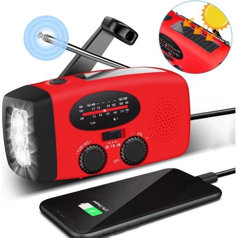 Radio à manivelle noire et rouge avec cellule solaire, lampe torche et batterie externe 2000 mAh, radio d'urgence, survie 200 (1/5)