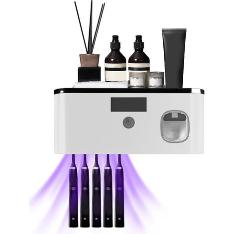 Porte-brosse à dents stérilisateur UV, stérilisateur de brosse à dents avec distributeur de dentifrice, porte-brosse à dents électrique, 2 options de chargement (1/5)