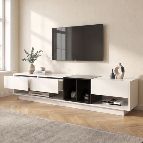 Meuble TV moderne 190x40x42cm avec 3 tiroirs et 2 compartiments en panneaux de particules, style contemporain, Blanc et Noir brillant (1/5)