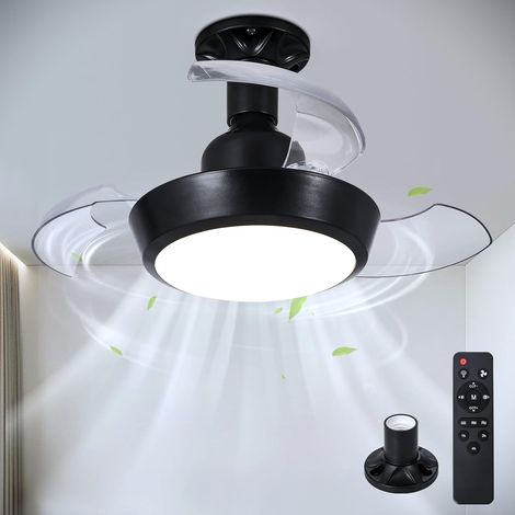 Petit ventilateur de plafond avec éclairage et télécommande noir E27 lampadaire avec 3 Lames rétractables Ampoule LED pour ventilateur de plafond 30 W / 1400 LM (1/4)
