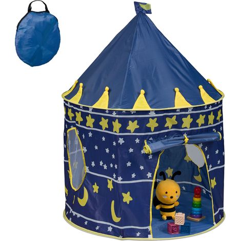 Relaxdays Tenda da Gioco per Bambini da Interno, Giocattolo da Camera a Tema Luna e Stelle, HxD: 135x100cm, Blu Giallo