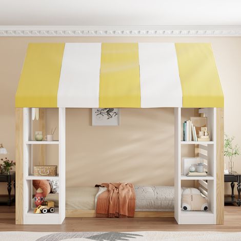 Letto per bambini 204.5x118.7x188 cm, con baldacchino e 2 vani aperti, in legno bianco e naturale (1/5)