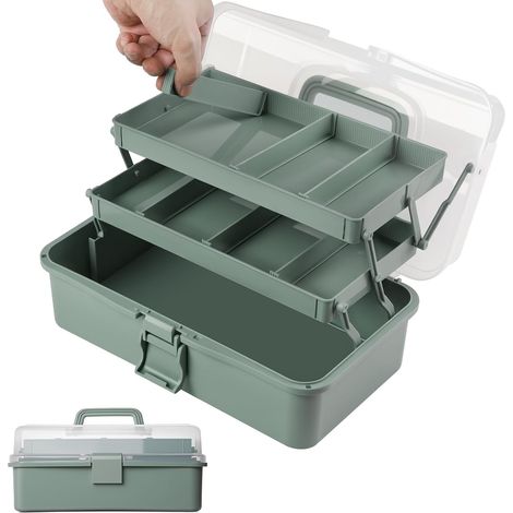 Boîte de Rangement Multifonction à 3 Couches, Boîte à Outils Pliable avec Compartiments, Boite a Couture Boîte à Médicaments avec 2 Plateaux (Vert) (1/5)