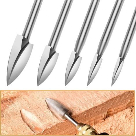 Outils de sculpture sur bois et fraises à graver, lot de 5 fraises à graver à tige de 3 mm, accessoires pour outils rotatifs, outil de gravure pour travaux manuels sur bois. (1/4)