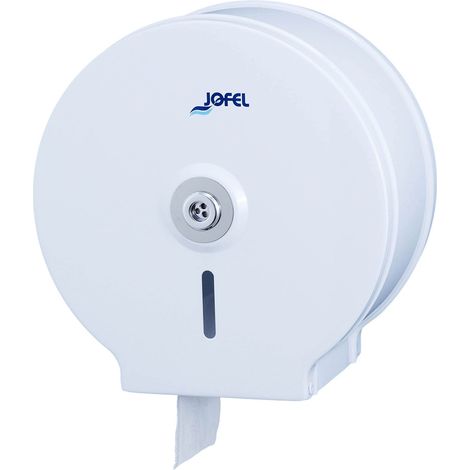 Jofel - Distributore di rotoli di carta igienica industriale piccolo, rotoli di carta fino a 200 m, diametro massimo 190 mm, mandrino da 18 a 55 mm, corpo in acciaio laminato bianco, Classic AE12400