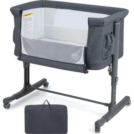 GOPLUS Berceau pour Bébé 3 en 1, Lit pour Cododo Portable avec Mode Berceau, Matelas Amovible, Hauteur Réglable, Poches de Rangement et Roues Verrouillables, Lit de Voyage pour Nouveau-né (Gris foncé)
