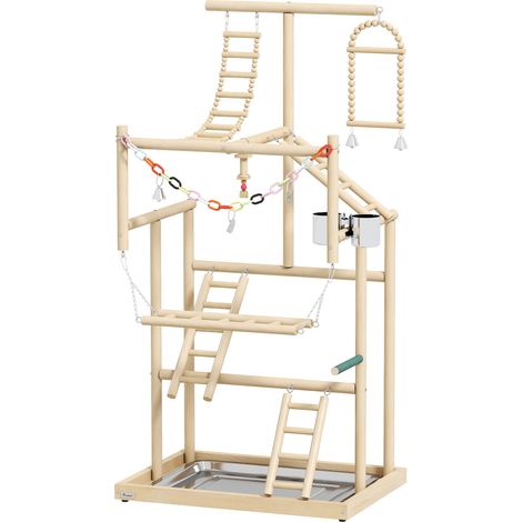 Trespolo per Pappagalli 48x38x95 cm con Giochi Vassoio Rimovibile e Posatoi in Legno Naturale (1/5)