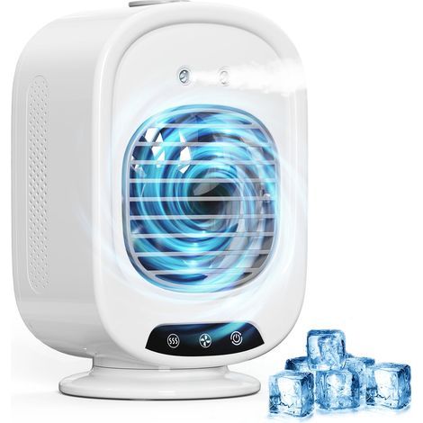 Climatiseur mobile portable, mini-refroidisseur d'air 4 en 1, silencieux, 3 vitesses, 300 ml, USB, ventilateur à brumisation, mini-climatiseur pour bureau, chambre, voiture, camping (Blanc) (1/5)