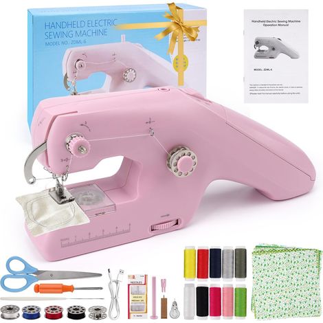 Petite machine à coudre main – double fil, débutant, domestique Mini machine à coudre portable – système double fil, sans noeud. Sans fil sur piles AA ou secteur. Pour cuir fin et tissus. (1/5)