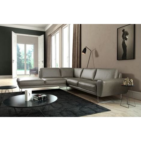 Canapé d'angle en 100% TOUT cuir italien de prestige 6/7 places SPENCER, gris, angle gauche (1/5)