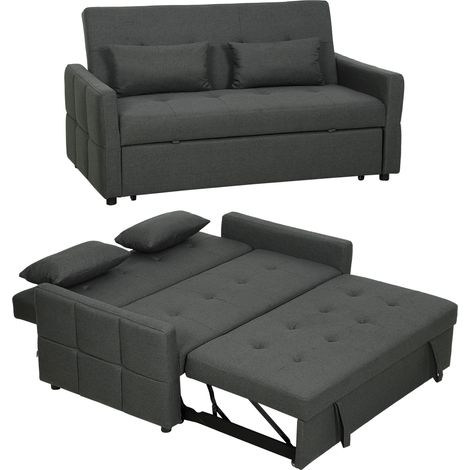 Canapé convertible 2 places - HOMCOM - dossier réglable clic clac, assise large, 2 oreillers - lin - 160 x 85 x 85 cm - gris foncé (1/3)