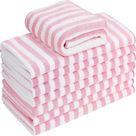 Lot de 8 torchons en microfibre, ultra-absorbants, doux et épais (400 g/m², 117 g/pièce), à carreaux, avec boucle de suspension, 66 x 45 cm, rose (1/5)
