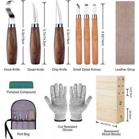Juego de cuchillos para tallar con bloques de madera, juego de tallado de madera para adultos y niños principiantes, el juego incluye 6 cuchillos para tallar madera, 8 bloques de madera y guantes gran (1/4)