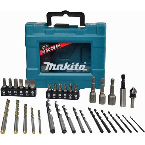 Makita – Coffret 34 accessoires perçage-vissage – 7 forets HSS-R pour métaux Ø2-5mm – 5 forets à bois Ø4-8mm – 5 forets à maçonnerie Ø4-8mm – D36980