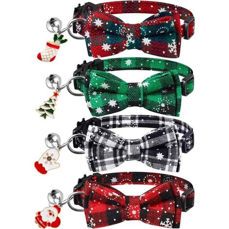 Conjunto de 4 collares para gatos con hebilla de seguridad, de algodón con estampado navideño, ajustables de 18 a 30 cm, para gatitos y gatos adultos. (1/5)
