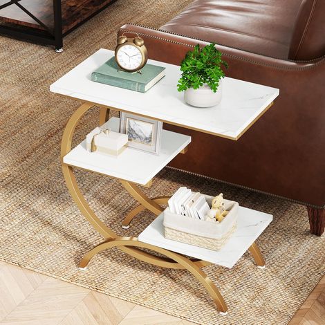 Tribesigns Table d'Appoint Bois, Petite Table Basses, Table de Chevet, Bout de Canapé avec 3 Étagères pour Salon, Chambre à Coucher, Marron Foncé