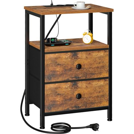 Table de Chevet avec Prise, Industrielle, Bois Tables de Nuit avec 2 Tiroirs en Tissu et Ports USB, Table d’Appoint pour Chambre à Coucher, Salon, Marron HETS020BR-1 (1/5)