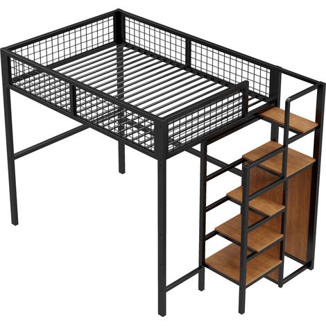Letto a soppalco 140 x 200 cm in metallo nero con scala e vani contenitori HOMVRA (1/5)