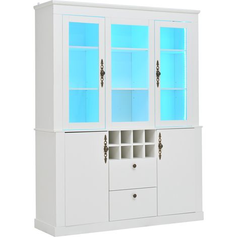 Vitrine blanche 130x37,5x170,5 cm avec 2 tiroirs, 4 portes vitrées, 8 casiers à vin et éclairage LED contrôlable par application (1/5)