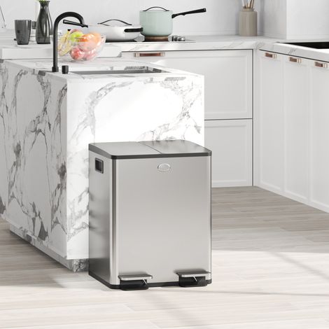 Argenté yaku - Bac à pédales 2 x 20L, bac de cuisine double en acier avec couvercle doux fermé, empreintes digitales