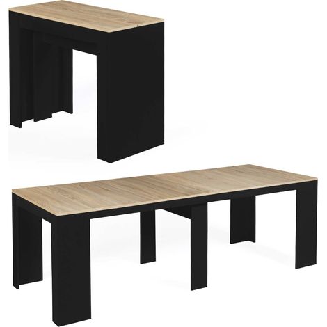 Idmarket – Table console extensible 10 personnes – Dimensions 235 x 90 cm – Bois noir et hêtre – 4 rallonges de 47 cm pour gain de place