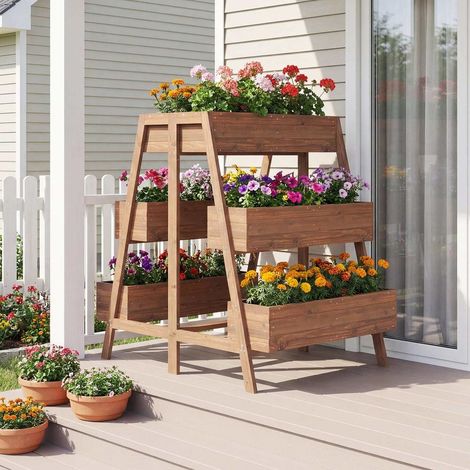 Pour légumes, fleurs et herbes : Jardinière potager surélevé pour balcon ou terrasse, structure bois 6 bacs à lattes (1/5)