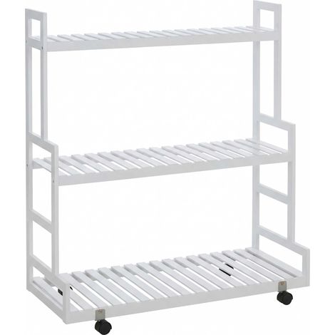 Scaffale per piante in bambù HHG-372, scala mobile supporto per fiori, 3 ripiani, rotelle, 105x90x38 cm, bianco (1/5)