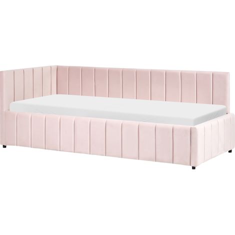 Cama elegante 90 x 200 cm tapicería de terciopelo acolchado somier de listones patas de madera rosa pastel Lisieux