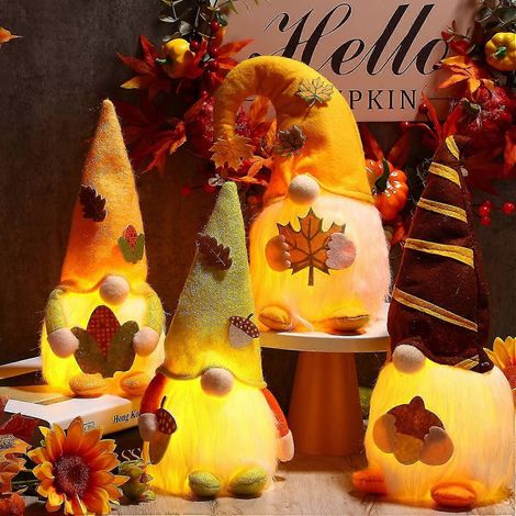 Lot de 4 nains de jardin en peluche, lutin de Thanksgiving, avec LED, décoration lumineuse, nain de jardin suédois/scandinave. (1/5)