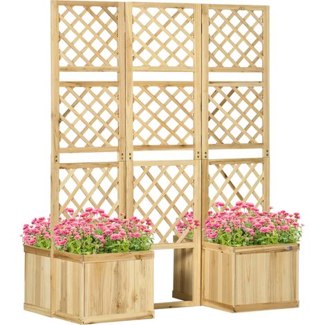 Paravent pliable, brise-vue pour jardin, triple pliage, 4 jardinières, bois massif, couleur naturelle, 133 x 62 x 165 cm