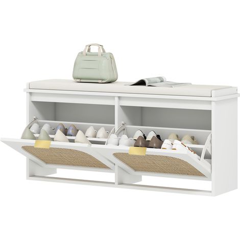 Boho Shoe Bench with Padded Seat 2 Flip-Drawers - White (1/5)