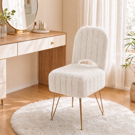 Pouf coiffeuse avec rangement et dossier rabattable, ottoman carré rembourré en tissu bouclé peluche, siège chambre/salon, pieds métal doré – Blanc – Taille L – peluche fleece (1/5)