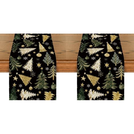 Camino de mesa navideño con estampado de abetos dorados y copos de nieve, adornos navideños, decoración de mesa, 33 x 183 cm. (2 piezas) (1/5)