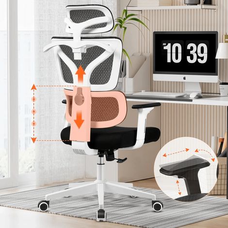 Chaise de bureau, chaise de bureau ergonomique à dossier haut, chaise de bureau haute, accoudoirs 3D, support lombaire réglable avec appui-tête, Blanc Felixking (1/5)