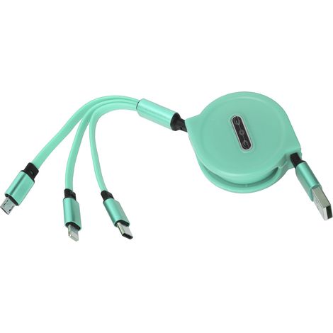 Câble de charge rétractable 3 en 1, 3A, connecteurs Type-C/iOS/Micro USB, 1,1 m, vert (1/5)