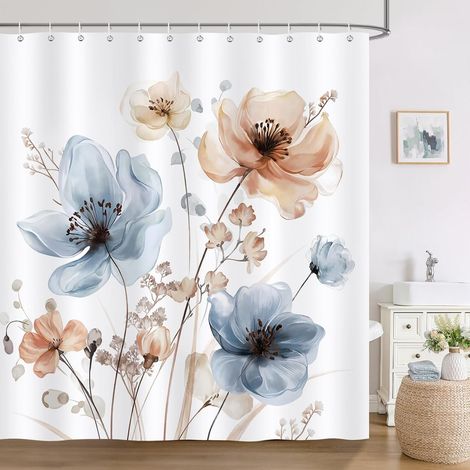 Rideau de Douche Boho Fleur Bleu Rose Aquarelle Floral Rideau de Bain Tissu Polyester Anti Moisissure Imperméable Lavable Rideaux Salle de Bain 180 x 180 cm avec 12 Crochets pour Baignoire (1/4)