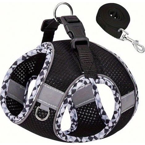 Set de harnais et laisse pour animal de compagnie à carreaux roses stylé, design de gilet anti-échappement, indispensable pour les promenades extérieures avec chiens et chats, Taille L, Noir (1/5)