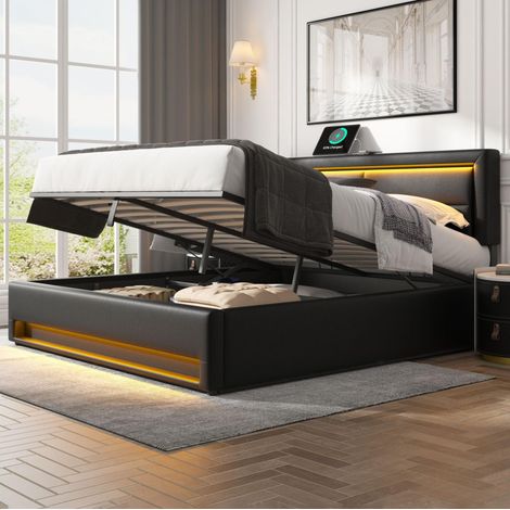 MEUBLIV Cama 160x200 cm negro – almacenamiento, LED y USB, sin colchón (1/5)