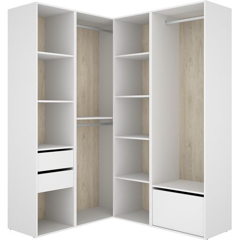 Armoire d'angle dressing ouvert avec 2 penderies, 2 tiroirs, 9 compartiments de rangement et 1 porte chaussures - Hauteur 204,5 x Longueur 124 x Profondeur 144,5 cm (1/5)