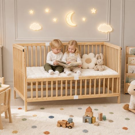 Lit bébé 70 x 140 x 95 cm, table à langer et étagère intégrées, sommier réglable sur 4 hauteurs, pour chambre enfant, pin massif, naturel (1/5)