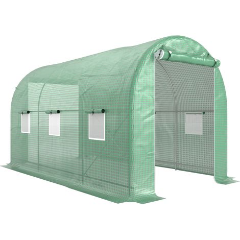 Serre tunnel de jardin 8 m², 4L x 2l x 2,05H m, châssis tubulaire, porte à fermeture éclair, 6 fenêtres enroulables, vert (1/5)