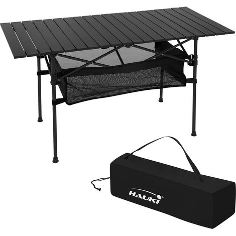 Hauki Campingtisch faltbar Schwarz, 118 x 55 x 64,5 cm, Aluminium Klapptisch, Aufrollbare Tischplatte, Falttisch klappbar, Gartentisch Balkontisch Reisetisch Rolltisch Markttisch inkl. Tragetasche (1/5)