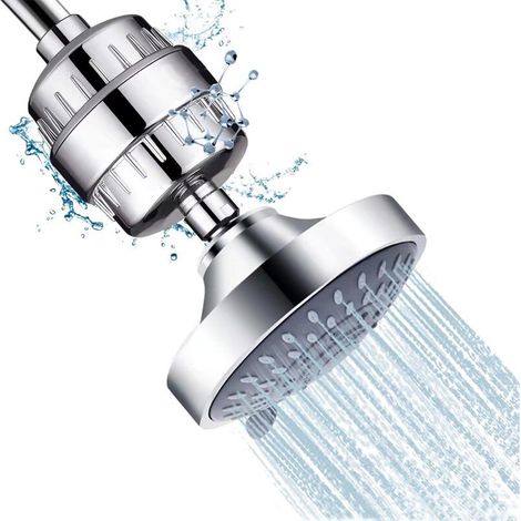 Pommeau Douche Fixe + Filtre Douche Anti Calcaire à 15 Étapes Avec Vitamine C - Filtre de Douche Haut Débit pour Éliminer le Chlore et Fluorure - Filtre Anti Calcaire de Douchette - RWDouchettes (1/5)