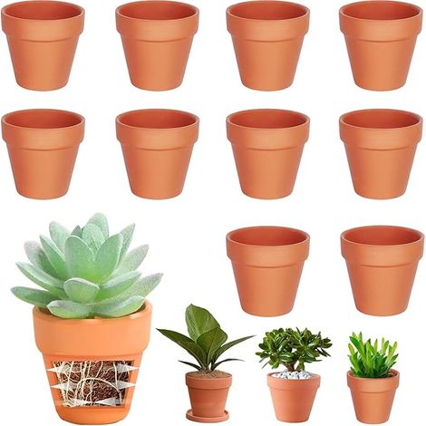 Lot de 10 Pots en Terre Cuite de 10 x 8 cm, Petits Pots en Argile avec Trou de Drainage, Mini Pot en Terre Cuite, Pot Terre Cuite Réutilisable pour Chambre Bureau (1/5)